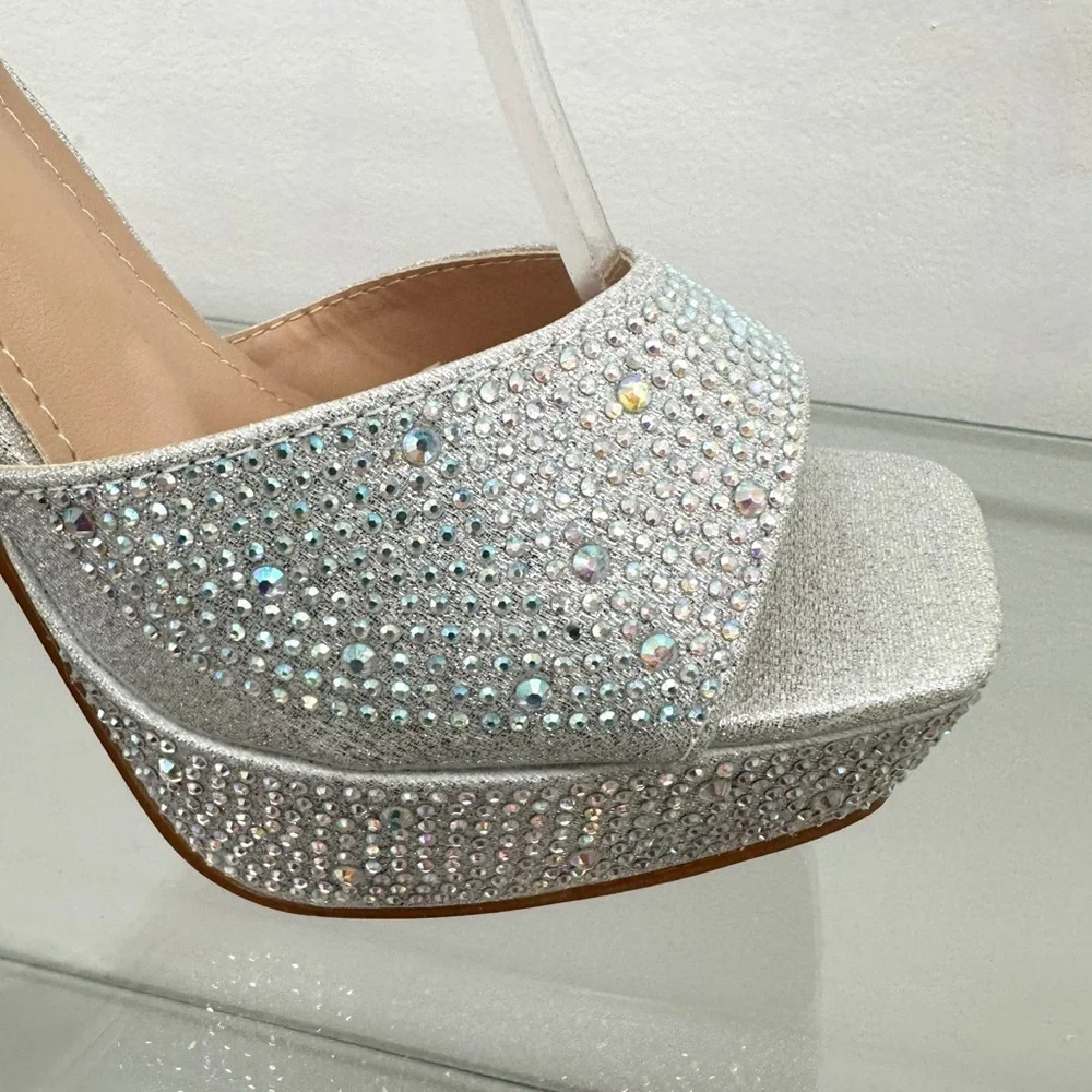 Silver Rhinestones Open Toe Platform Heels